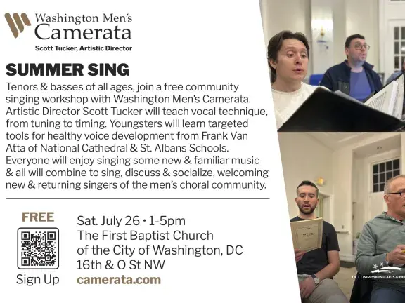 Photos of men singing in rehearsal, holding binders, alongside text with event details